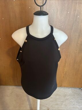 Black Sleeveless High-Neck Tank Top with Gold Button Detail